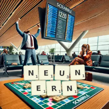 Kreative Illustration für ein Scrabble-Spiel, bei dem das Wort NEUNERN mit Steinen auf dem Brett gelegt wurde.