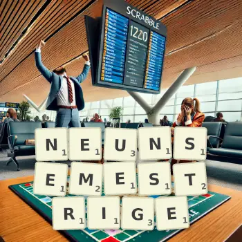 Kreative Illustration für ein Scrabble-Spiel, bei dem das Wort NEUNSEMESTRIGE mit Steinen auf dem Brett gelegt wurde.