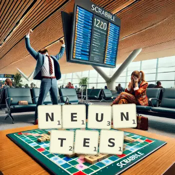Kreative Illustration für ein Scrabble-Spiel, bei dem das Wort NEUNTES mit Steinen auf dem Brett gelegt wurde.