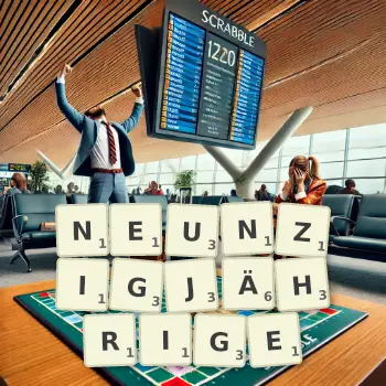 Kreative Illustration für ein Scrabble-Spiel, bei dem das Wort NEUNZIGJÄHRIGE mit Steinen auf dem Brett gelegt wurde.