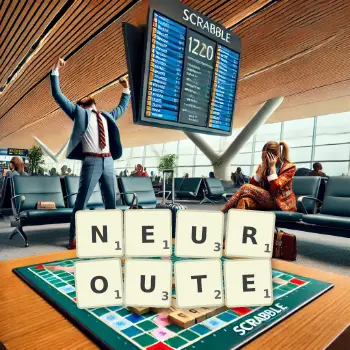 Kreative Illustration für ein Scrabble-Spiel, bei dem das Wort NEUROUTE mit Steinen auf dem Brett gelegt wurde.