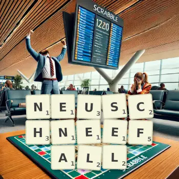 Kreative Illustration für ein Scrabble-Spiel, bei dem das Wort NEUSCHNEEFALL mit Steinen auf dem Brett gelegt wurde.