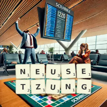 Kreative Illustration für ein Scrabble-Spiel, bei dem das Wort NEUSETZUNG mit Steinen auf dem Brett gelegt wurde.