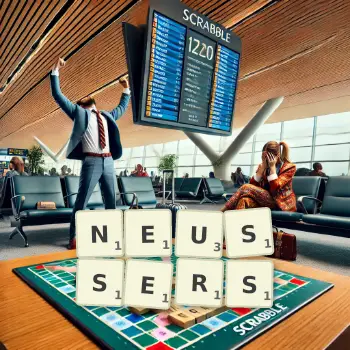 Kreative Illustration für ein Scrabble-Spiel, bei dem das Wort NEUSSERS mit Steinen auf dem Brett gelegt wurde.