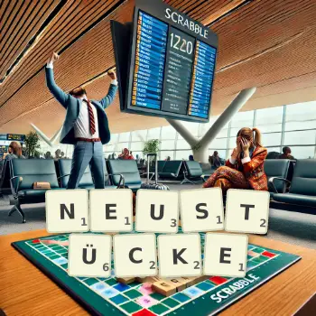 Kreative Illustration für ein Scrabble-Spiel, bei dem das Wort NEUSTÜCKE mit Steinen auf dem Brett gelegt wurde.