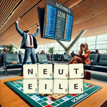 Kreative Illustration für ein Scrabble-Spiel, bei dem das Wort NEUTEILE mit Steinen auf dem Brett gelegt wurde.
