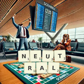 Kreative Illustration für ein Scrabble-Spiel, bei dem das Wort NEUTRAL mit Steinen auf dem Brett gelegt wurde.