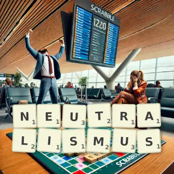 Kreative Illustration für ein Scrabble-Spiel, bei dem das Wort NEUTRALISMUS mit Steinen auf dem Brett gelegt wurde.