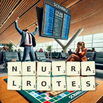 Kreative Illustration für ein Scrabble-Spiel, bei dem das Wort NEUTRALROTES mit Steinen auf dem Brett gelegt wurde.