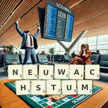 Kreative Illustration für ein Scrabble-Spiel, bei dem das Wort NEUWACHSTUM mit Steinen auf dem Brett gelegt wurde.