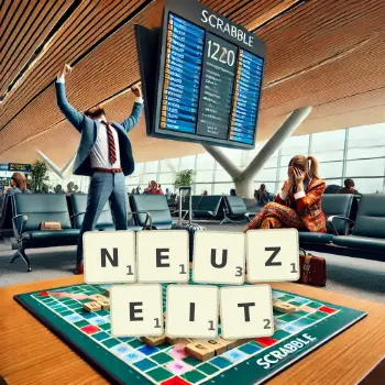 Kreative Illustration für ein Scrabble-Spiel, bei dem das Wort NEUZEIT mit Steinen auf dem Brett gelegt wurde.