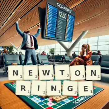 Kreative Illustration für ein Scrabble-Spiel, bei dem das Wort NEWTONRINGE mit Steinen auf dem Brett gelegt wurde.