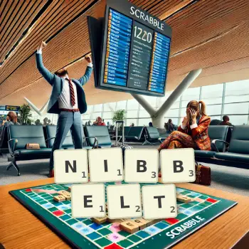 Kreative Illustration für ein Scrabble-Spiel, bei dem das Wort NIBBELT mit Steinen auf dem Brett gelegt wurde.