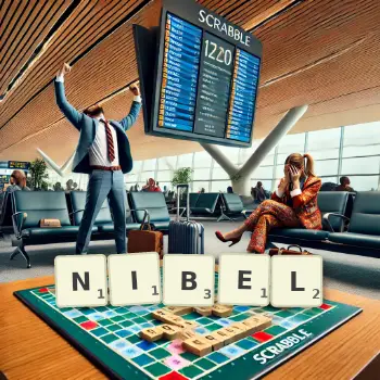 Kreative Illustration für ein Scrabble-Spiel, bei dem das Wort NIBEL mit Steinen auf dem Brett gelegt wurde.