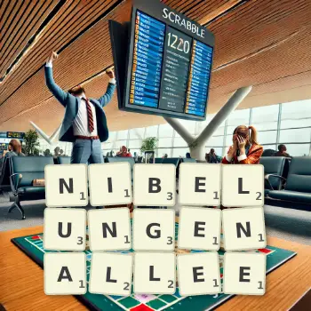 Kreative Illustration für ein Scrabble-Spiel, bei dem das Wort NIBELUNGENALLEE mit Steinen auf dem Brett gelegt wurde.