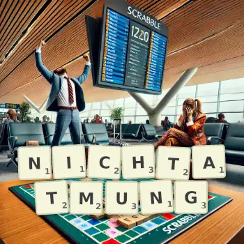 Kreative Illustration für ein Scrabble-Spiel, bei dem das Wort NICHTATMUNG mit Steinen auf dem Brett gelegt wurde.