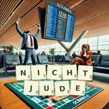 Kreative Illustration für ein Scrabble-Spiel, bei dem das Wort NICHTJUDE mit Steinen auf dem Brett gelegt wurde.