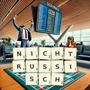 Kreative Illustration für ein Scrabble-Spiel, bei dem das Wort NICHTRUSSISCH mit Steinen auf dem Brett gelegt wurde.