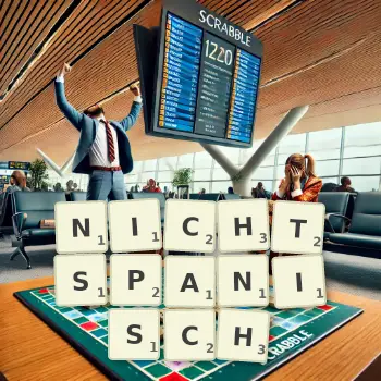 Kreative Illustration für ein Scrabble-Spiel, bei dem das Wort NICHTSPANISCH mit Steinen auf dem Brett gelegt wurde.