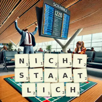 Kreative Illustration für ein Scrabble-Spiel, bei dem das Wort NICHTSTAATLICH mit Steinen auf dem Brett gelegt wurde.