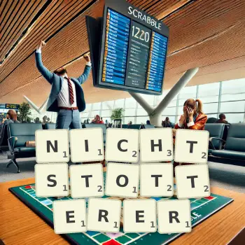 Kreative Illustration für ein Scrabble-Spiel, bei dem das Wort NICHTSTOTTERER mit Steinen auf dem Brett gelegt wurde.