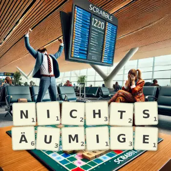 Kreative Illustration für ein Scrabble-Spiel, bei dem das Wort NICHTSÄUMIGE mit Steinen auf dem Brett gelegt wurde.