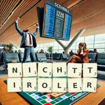 Kreative Illustration für ein Scrabble-Spiel, bei dem das Wort NICHTTIROLER mit Steinen auf dem Brett gelegt wurde.