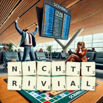 Kreative Illustration für ein Scrabble-Spiel, bei dem das Wort NICHTTRIVIAL mit Steinen auf dem Brett gelegt wurde.
