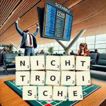 Kreative Illustration für ein Scrabble-Spiel, bei dem das Wort NICHTTROPISCHE mit Steinen auf dem Brett gelegt wurde.
