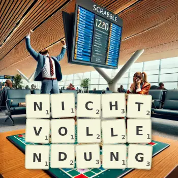 Kreative Illustration für ein Scrabble-Spiel, bei dem das Wort NICHTVOLLENDUNG mit Steinen auf dem Brett gelegt wurde.