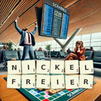 Kreative Illustration für ein Scrabble-Spiel, bei dem das Wort NICKELFREIER mit Steinen auf dem Brett gelegt wurde.