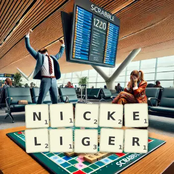 Kreative Illustration für ein Scrabble-Spiel, bei dem das Wort NICKELIGER mit Steinen auf dem Brett gelegt wurde.