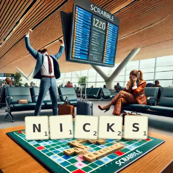 Kreative Illustration für ein Scrabble-Spiel, bei dem das Wort NICKS mit Steinen auf dem Brett gelegt wurde.