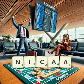 Kreative Illustration für ein Scrabble-Spiel, bei dem das Wort NICÄA mit Steinen auf dem Brett gelegt wurde.