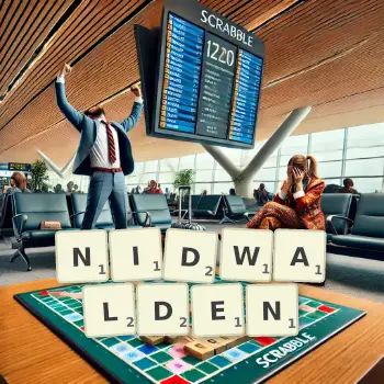 Kreative Illustration für ein Scrabble-Spiel, bei dem das Wort NIDWALDEN mit Steinen auf dem Brett gelegt wurde.