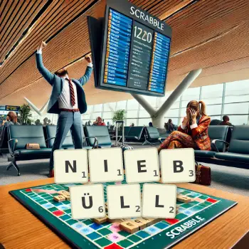 Kreative Illustration für ein Scrabble-Spiel, bei dem das Wort NIEBÜLL mit Steinen auf dem Brett gelegt wurde.