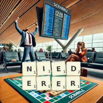 Kreative Illustration für ein Scrabble-Spiel, bei dem das Wort NIEDERER mit Steinen auf dem Brett gelegt wurde.