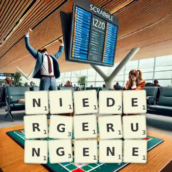 Kreative Illustration für ein Scrabble-Spiel, bei dem das Wort NIEDERGERUNGENE mit Steinen auf dem Brett gelegt wurde.