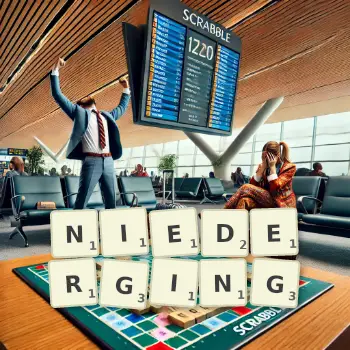 Kreative Illustration für ein Scrabble-Spiel, bei dem das Wort NIEDERGING mit Steinen auf dem Brett gelegt wurde.