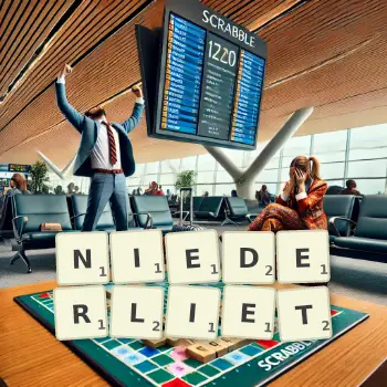 Kreative Illustration für ein Scrabble-Spiel, bei dem das Wort NIEDERLIET mit Steinen auf dem Brett gelegt wurde.