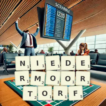 Kreative Illustration für ein Scrabble-Spiel, bei dem das Wort NIEDERMOORTORF mit Steinen auf dem Brett gelegt wurde.
