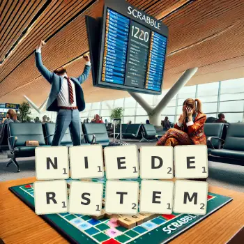 Kreative Illustration für ein Scrabble-Spiel, bei dem das Wort NIEDERSTEM mit Steinen auf dem Brett gelegt wurde.