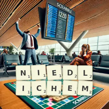 Kreative Illustration für ein Scrabble-Spiel, bei dem das Wort NIEDLICHEM mit Steinen auf dem Brett gelegt wurde.