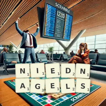 Kreative Illustration für ein Scrabble-Spiel, bei dem das Wort NIEDNAGELS mit Steinen auf dem Brett gelegt wurde.