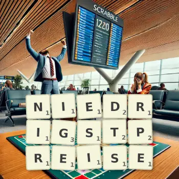 Kreative Illustration für ein Scrabble-Spiel, bei dem das Wort NIEDRIGSTPREISE mit Steinen auf dem Brett gelegt wurde.