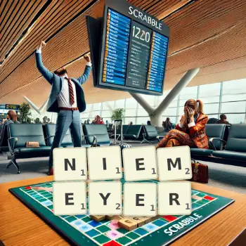 Kreative Illustration für ein Scrabble-Spiel, bei dem das Wort NIEMEYER mit Steinen auf dem Brett gelegt wurde.