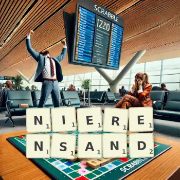 Kreative Illustration für ein Scrabble-Spiel, bei dem das Wort NIERENSAND mit Steinen auf dem Brett gelegt wurde.