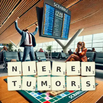 Kreative Illustration für ein Scrabble-Spiel, bei dem das Wort NIERENTUMORS mit Steinen auf dem Brett gelegt wurde.
