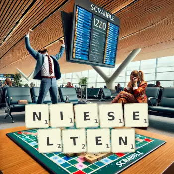 Kreative Illustration für ein Scrabble-Spiel, bei dem das Wort NIESELTEN mit Steinen auf dem Brett gelegt wurde.