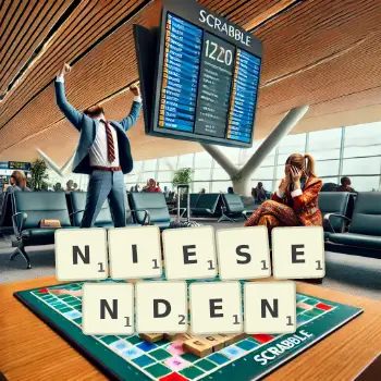 Kreative Illustration für ein Scrabble-Spiel, bei dem das Wort NIESENDEN mit Steinen auf dem Brett gelegt wurde.